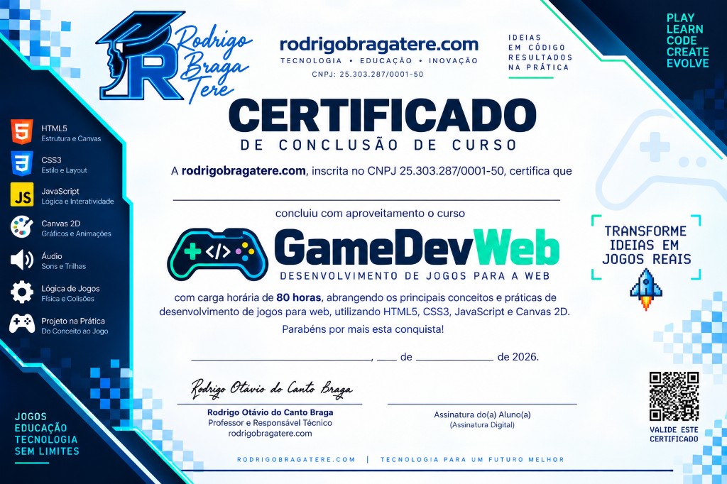 Modelo do Certificado de Conclusão do curso GameDevWeb — 80 horas